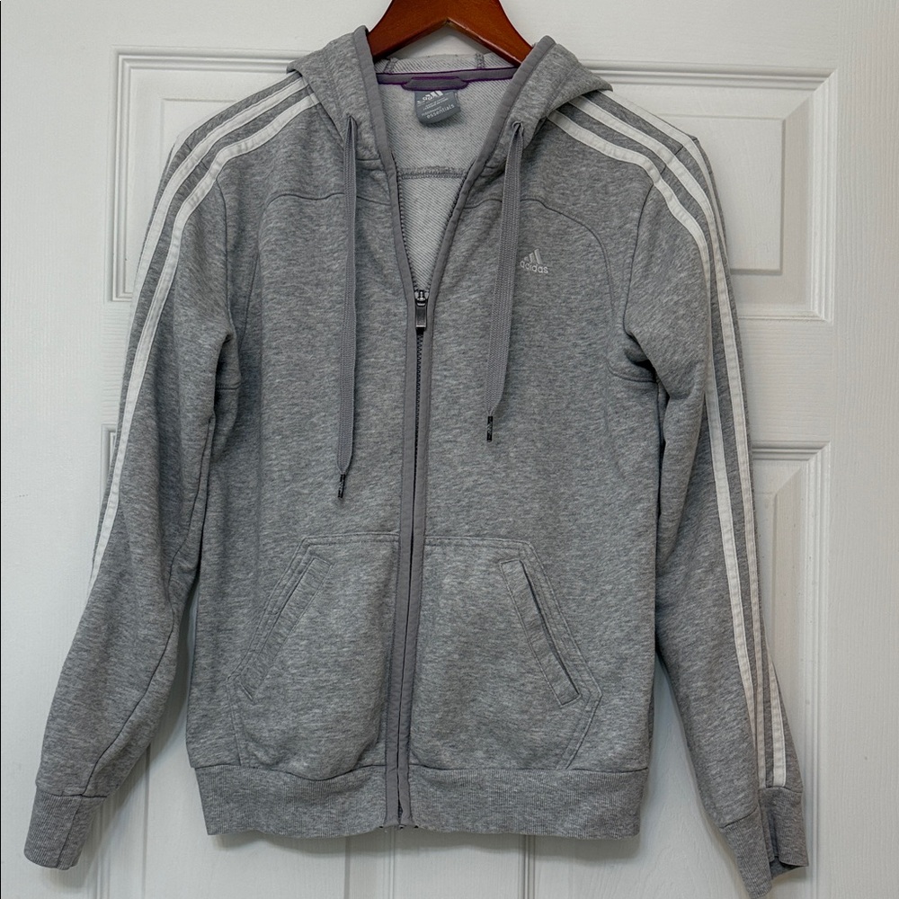 adidas Essentials 3-Stripe Full Zip Hoodie Gray Women’s Small